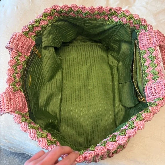 PRADA Pink & Green Woven Beach Bag - Picture 8 of 11